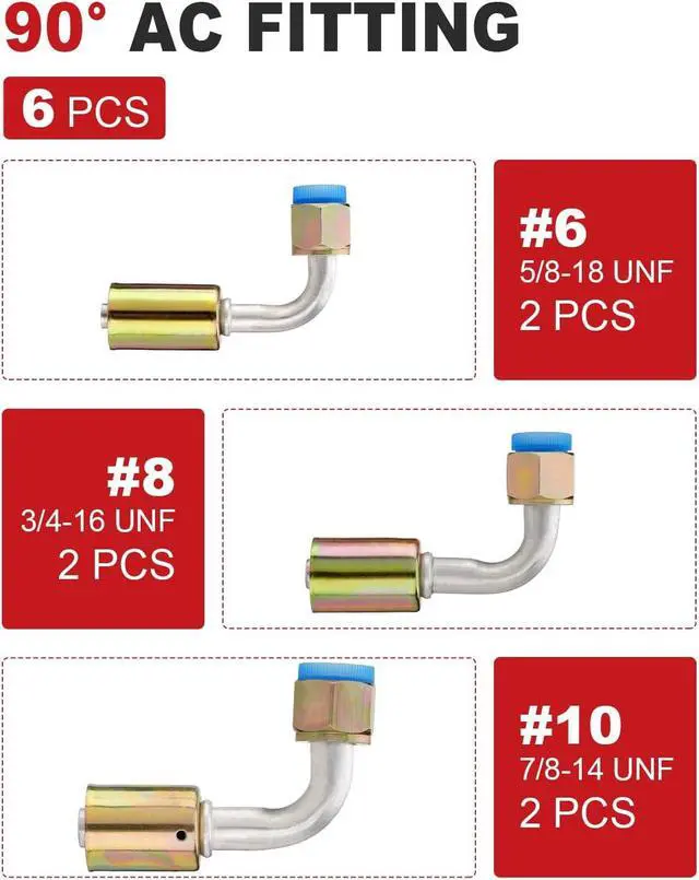 Alt view image 4 of 7 - 42 pcs Air Conditioning AC Fitting Set #6#8#10 Straight 90 Degree 45 Degree Female Oring Beadlock with R134a Pressure Valve Clamp