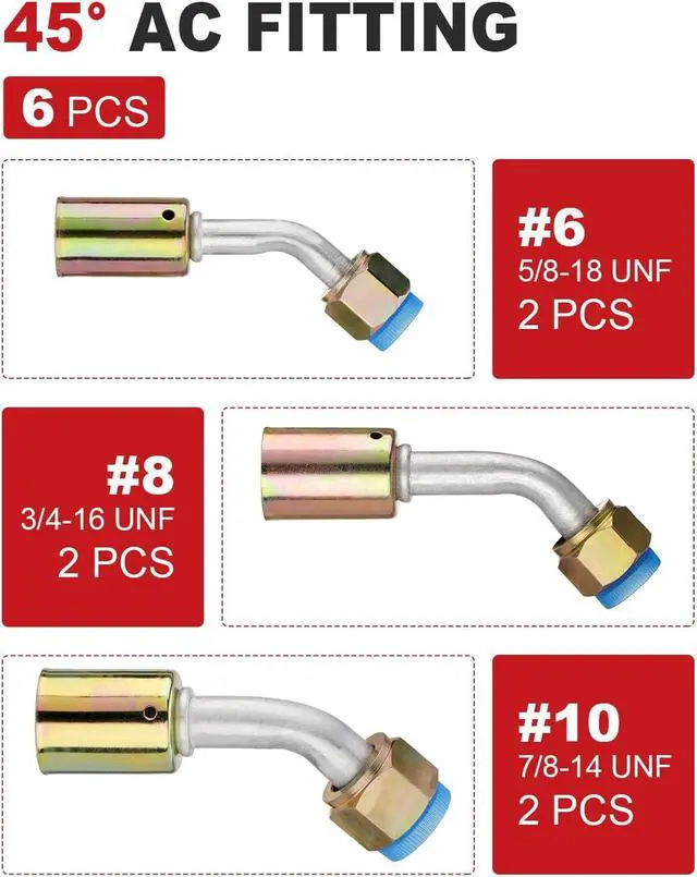 Alt view image 5 of 7 - 42 pcs Air Conditioning AC Fitting Set #6#8#10 Straight 90 Degree 45 Degree Female Oring Beadlock with R134a Pressure Valve Clamp
