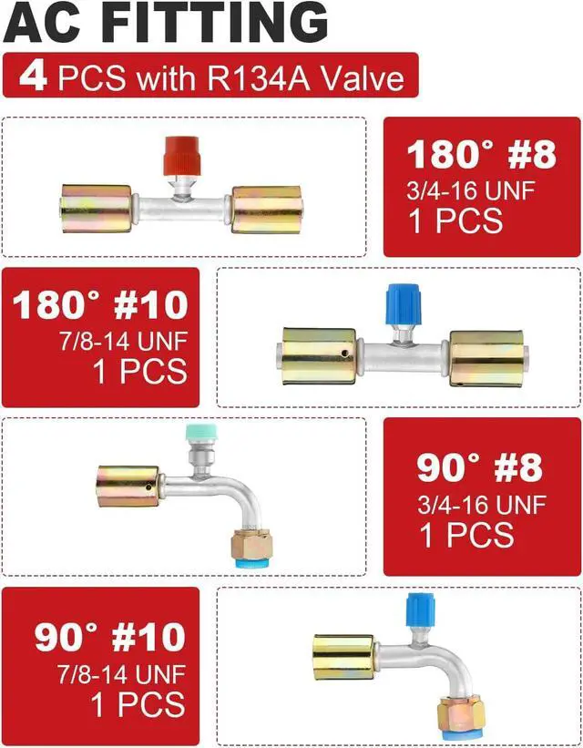 Alt view image 6 of 7 - 42 pcs Air Conditioning AC Fitting Set #6#8#10 Straight 90 Degree 45 Degree Female Oring Beadlock with R134a Pressure Valve Clamp