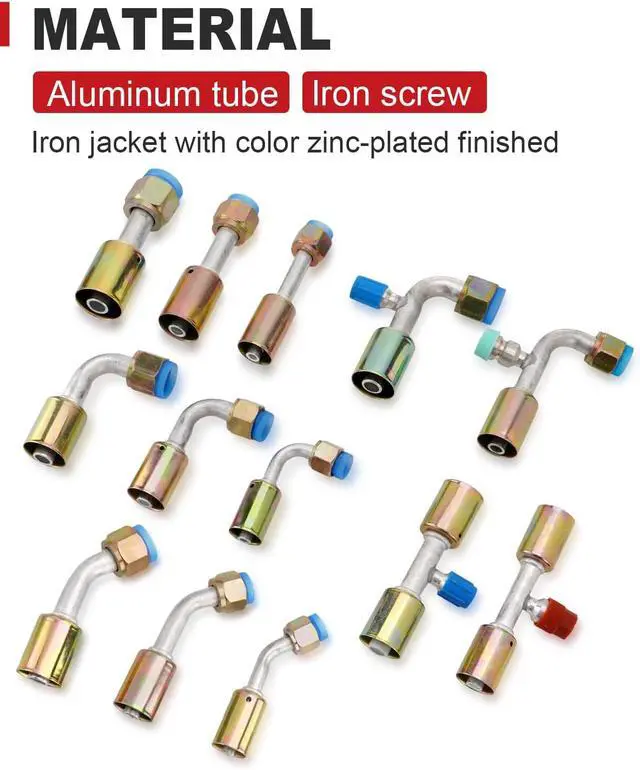 Alt view image 7 of 7 - 42 pcs Air Conditioning AC Fitting Set #6#8#10 Straight 90 Degree 45 Degree Female Oring Beadlock with R134a Pressure Valve Clamp