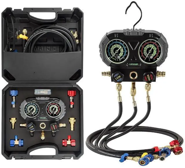 Main image of AC R1234YF R134A Gauge Set, Automotive Manifold Gauge Compatible with R1234YF and R134A Refrigerants, Works on Car Freon Charging and Evacuation
