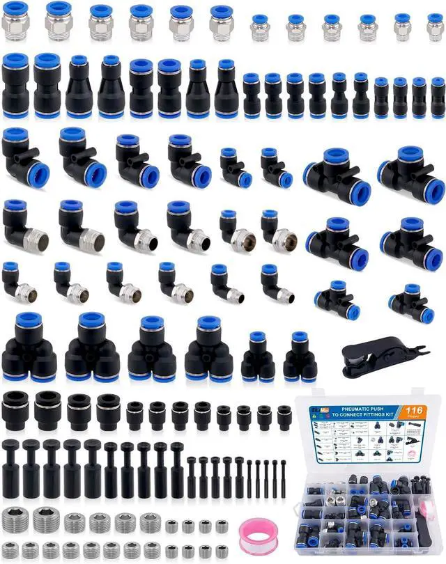 Main image of 116PCS Quick Connect Air Hose Fitting Kit, 1/8" 1/4" 3/8" 1/2" Push to Connect Fittings Kit, Nylon Tubing Air Line Quick Release Pneumatic Connectors for Air Brake System or Fluid Transfer