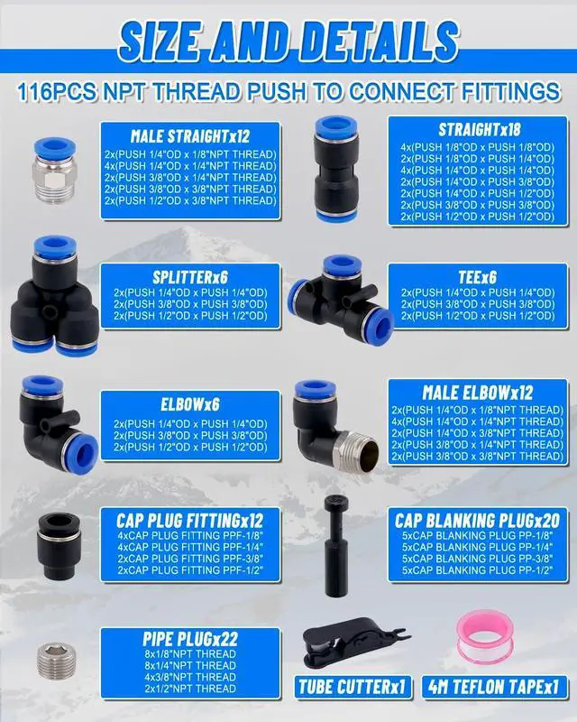 Alt view image 2 of 7 - 116PCS Quick Connect Air Hose Fitting Kit, 1/8" 1/4" 3/8" 1/2" Push to Connect Fittings Kit, Nylon Tubing Air Line Quick Release Pneumatic Connectors for Air Brake System or Fluid Transfer