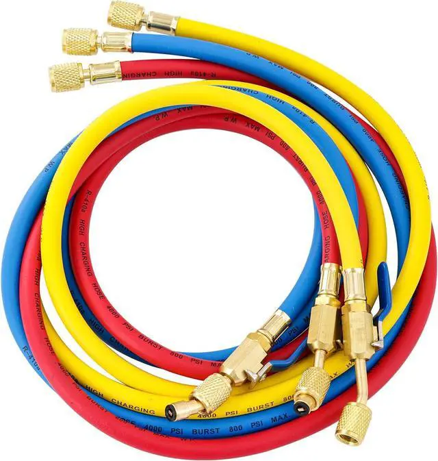 Main image of 3 Pieces AC Manifold Gauge Hose Kit for R410A R134A R404A R22, 5FT Charging Hose, AC Manifold Hose Kit with Compact Ball Valve 1/4 SAE, 800 PSI Working Pressure (60'' with Ball Vavle)