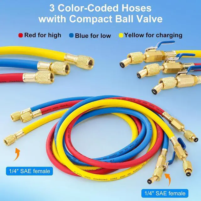 Alt view image 2 of 7 - 3 Pieces AC Manifold Gauge Hose Kit for R410A R134A R404A R22, 5FT Charging Hose, AC Manifold Hose Kit with Compact Ball Valve 1/4 SAE, 800 PSI Working Pressure (60'' with Ball Vavle)