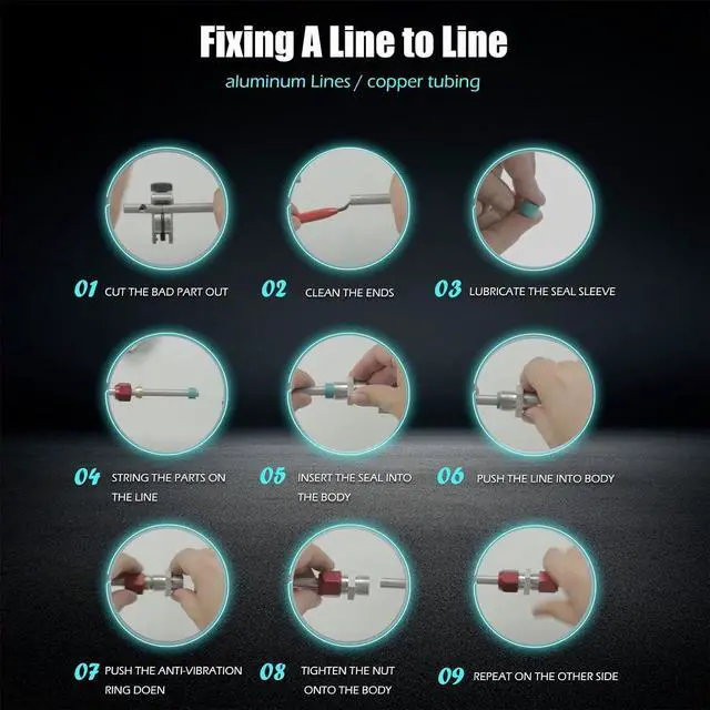 Alt view image 7 of 7 - 1/2" 3/8" 5/8" A/C Line Splice Repair Kit for Automotive Air Conditioning Aluminum Lines, Compression Fitting Universal Line to Line Connectors Replacement for 800-642 800-641 800-640 AC12 AC38 AC58