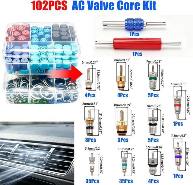 Alt view image 4 of 7 - 5 Set Car A/C Repair Kit, Rubber O-Rings, AC Valve Core, Cap & Valve Core Remover Hook Pick Tools, Compressor Seal Replacement Set for Automotive Air Conditioner Refrigerant System Maintenance