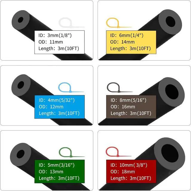 Alt view image 4 of 7 - Silicone Vacuum Hose Kit 10FT 6PCS 1/8" 5/32" 3/16" 1/4" 5/16" 3/8" With Vacuum Connector 12 Sizes 113PCS,Tube Cutter,Matte Black Tubing,Automotive Marine & Industrial Use
