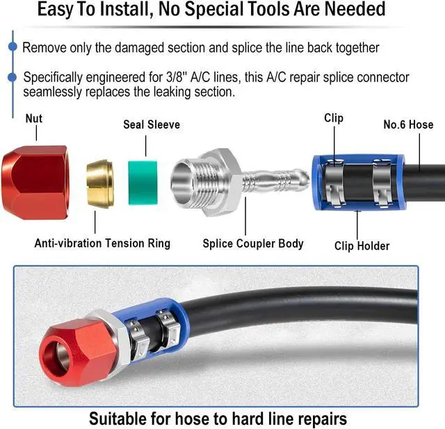 Alt view image 4 of 7 - 800-671 A/C Line Splice Kit for 3/8 Line With No.6 Hose, A/C Air Conditioning Repair Splice Connector, Universal Fit For 3/8'' Hose to Hard Lines Repair