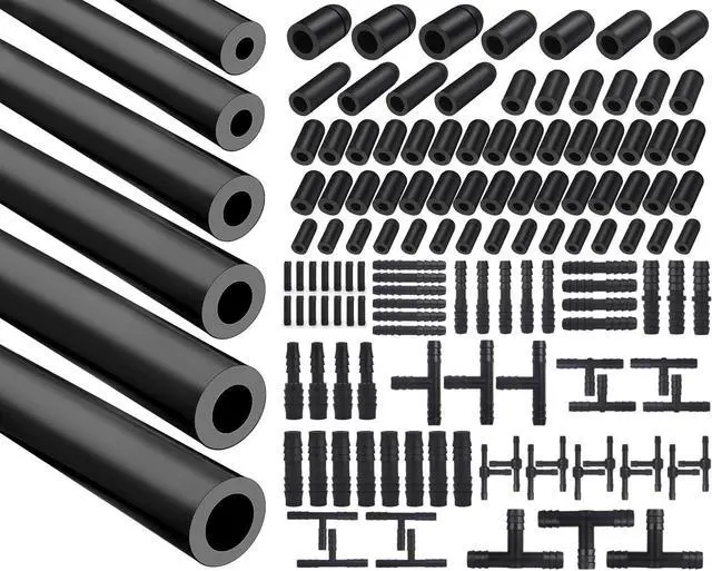 Main image of 1/8" 5/32" 3/16" 1/4" 5/16" 3/8" Automotive Silicone Vacuum Tubing Hose line Kit 5FT with 115PCS Nylon Vacuum Connectors, 63PCS Rubber Vacuum Caps, Total 184 PCS (Black)