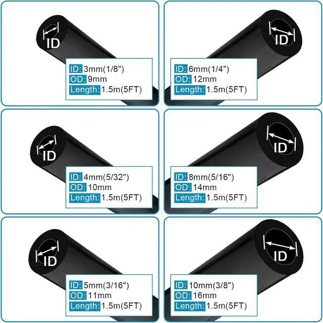 Alt view image 2 of 6 - 1/8" 5/32" 3/16" 1/4" 5/16" 3/8" Automotive Silicone Vacuum Tubing Hose line Kit 5FT with 115PCS Nylon Vacuum Connectors, 63PCS Rubber Vacuum Caps, Total 184 PCS (Black)