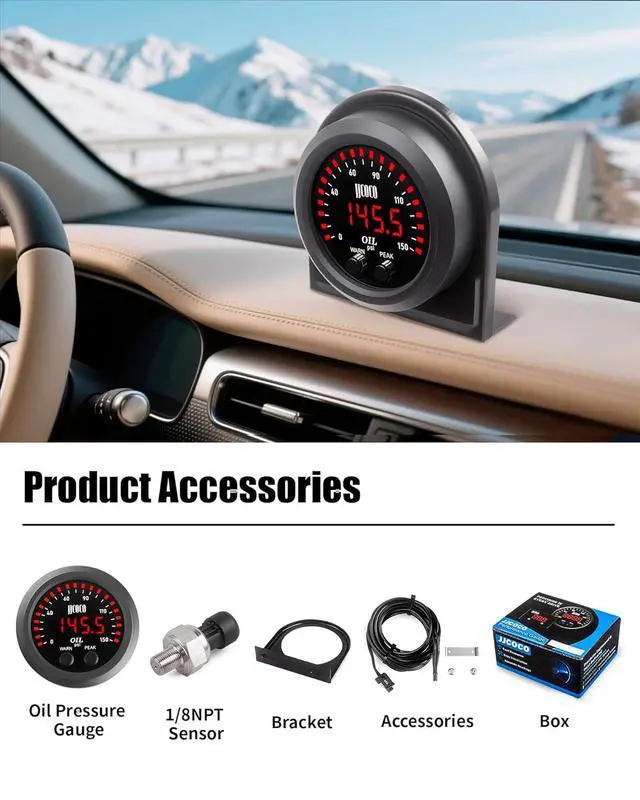 Alt view image 7 of 7 - 150PSI Oil Pressure Gauge Kit with 1/8NPT Electronic Sensor & Mounting Bracket 12V/24V DC Press Gauge Meter for Car Truck Vehicle Automotive 2-1/16" 52mm