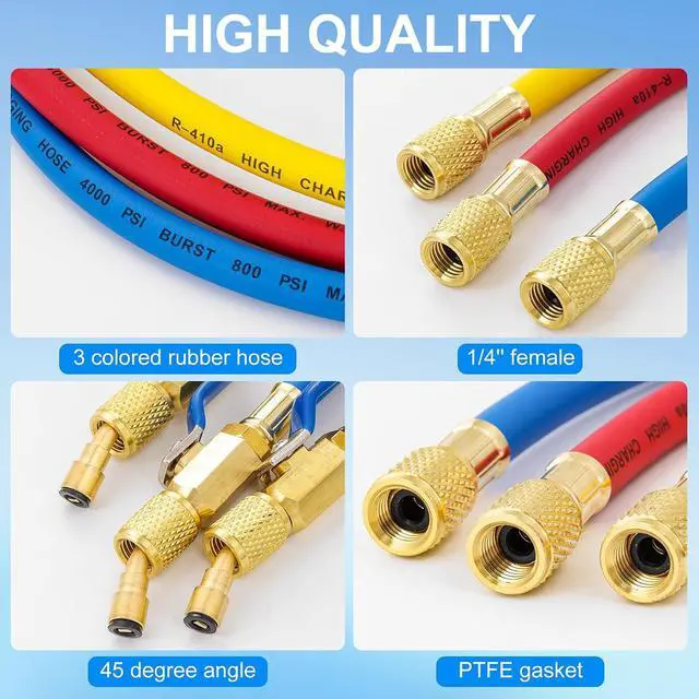 Alt view image 3 of 7 - 3 Pieces AC Manifold Gauge Hose Kit for R410A R134A R404A R22, 5FT Charging Hose, AC Manifold Hose Kit with Compact Ball Valve 1/4 SAE, 800 PSI Working Pressure (60'' with Ball Vavle)