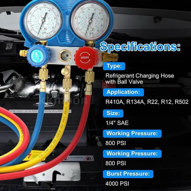 Alt view image 5 of 7 - 3 Pieces AC Manifold Gauge Hose Kit for R410A R134A R404A R22, 5FT Charging Hose, AC Manifold Hose Kit with Compact Ball Valve 1/4 SAE, 800 PSI Working Pressure (60'' with Ball Vavle)