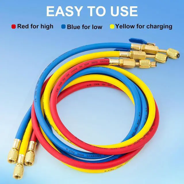 Alt view image 6 of 7 - 3 Pieces AC Manifold Gauge Hose Kit for R410A R134A R404A R22, 5FT Charging Hose, AC Manifold Hose Kit with Compact Ball Valve 1/4 SAE, 800 PSI Working Pressure (60'' with Ball Vavle)