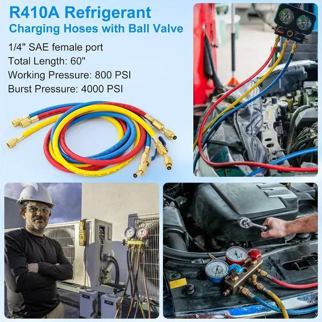 Alt view image 7 of 7 - 3 Pieces AC Manifold Gauge Hose Kit for R410A R134A R404A R22, 5FT Charging Hose, AC Manifold Hose Kit with Compact Ball Valve 1/4 SAE, 800 PSI Working Pressure (60'' with Ball Vavle)
