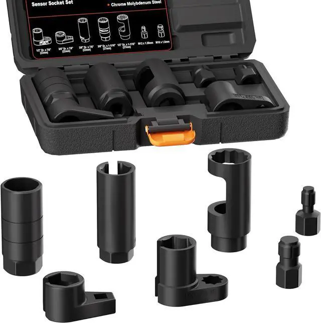 Main image of 7-Piece O2 Oxygen Sensor Socket and Thread Chaser Set, 3/8" & 1/2" Drive for 1-1/16", 7/8", 27mm, 22mm for O2, Oil Pressure, Vacuum & Thermal Sensor Removal, CR-MO Steel