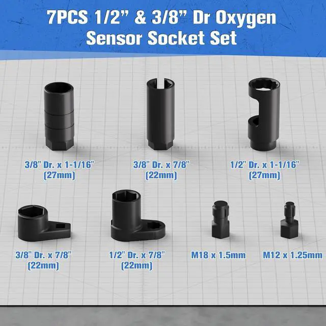 Alt view image 2 of 5 - 7-Piece O2 Oxygen Sensor Socket and Thread Chaser Set, 3/8" & 1/2" Drive for 1-1/16", 7/8", 27mm, 22mm for O2, Oil Pressure, Vacuum & Thermal Sensor Removal, CR-MO Steel