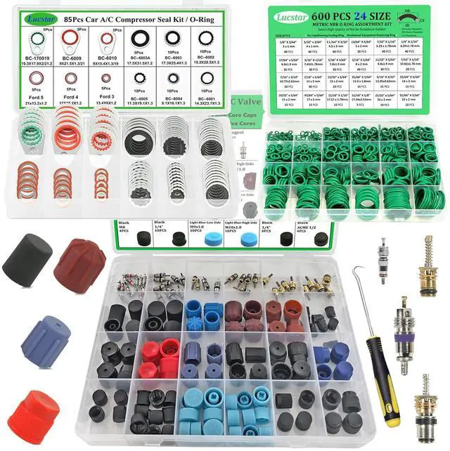 Main image of AC R12/r134a Recharge Kit & Schrader Valve Tool - 5 Set AC Seal & Caps, Compressor Gasket Seals