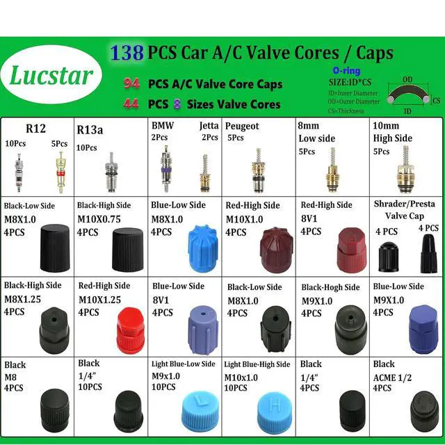 Alt view image 4 of 7 - AC R12/r134a Recharge Kit & Schrader Valve Tool - 5 Set AC Seal & Caps, Compressor Gasket Seals