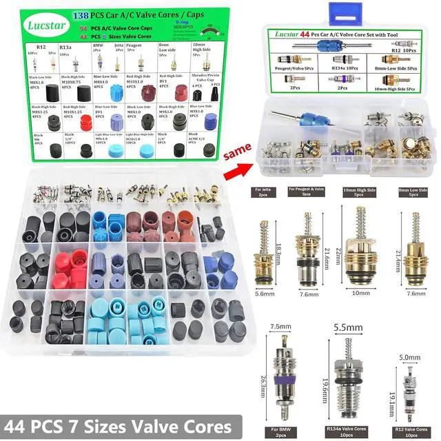 Alt view image 5 of 7 - AC R12/r134a Recharge Kit & Schrader Valve Tool - 5 Set AC Seal & Caps, Compressor Gasket Seals