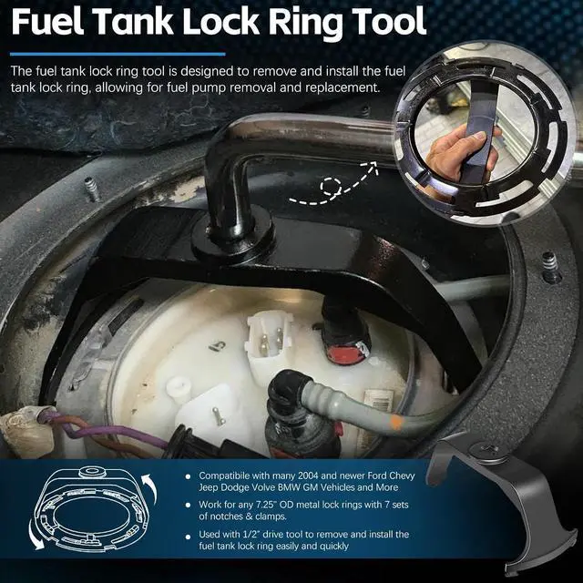 Alt view image 3 of 7 - Fuel Pump Tank Seal & Lock Ring Tool Kit Compatible with GM, Chevy, Ford, Chrysler, Dodge, Jeep, and More, 911-245 Fuel Tank O-ring, LO164 Fuel Tank Lock Ring, 6599 Fuel Tank Lock Ring Wrench Tool