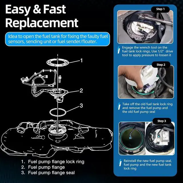 Alt view image 6 of 7 - Fuel Pump Tank Seal & Lock Ring Tool Kit Compatible with GM, Chevy, Ford, Chrysler, Dodge, Jeep, and More, 911-245 Fuel Tank O-ring, LO164 Fuel Tank Lock Ring, 6599 Fuel Tank Lock Ring Wrench Tool