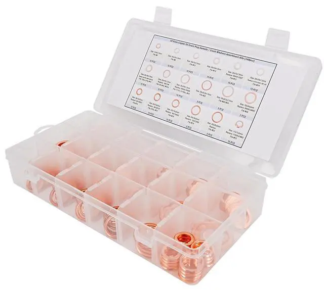Alt view image 6 of 7 - 18 Sizes Copper Oil Drain Plug Gaskets/Crush Washers Assortment Kits (168pcs)