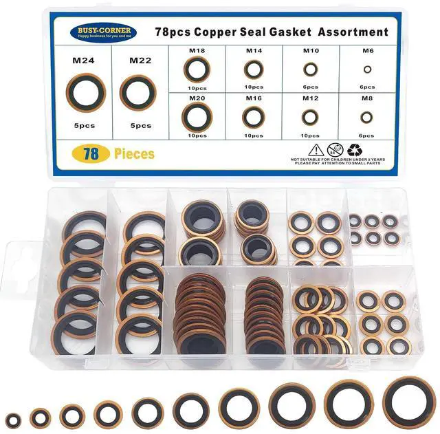 Main image of 78 PCS 10 Sizes Copper Metric Bonded Seal Dowty Washer, Automotive Self-Centred Dowty Seal Gasket Assortment, M6/8/10/12/14/16/18/20/22/24
