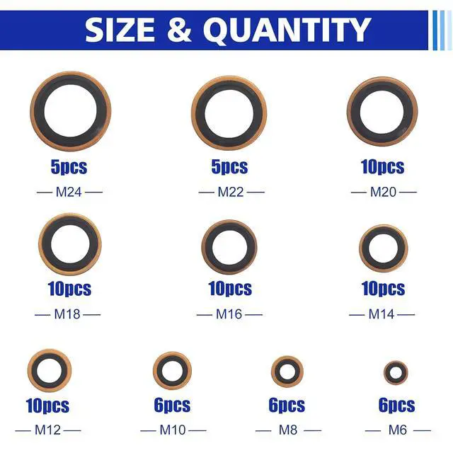 Alt view image 2 of 7 - 78 PCS 10 Sizes Copper Metric Bonded Seal Dowty Washer, Automotive Self-Centred Dowty Seal Gasket Assortment, M6/8/10/12/14/16/18/20/22/24