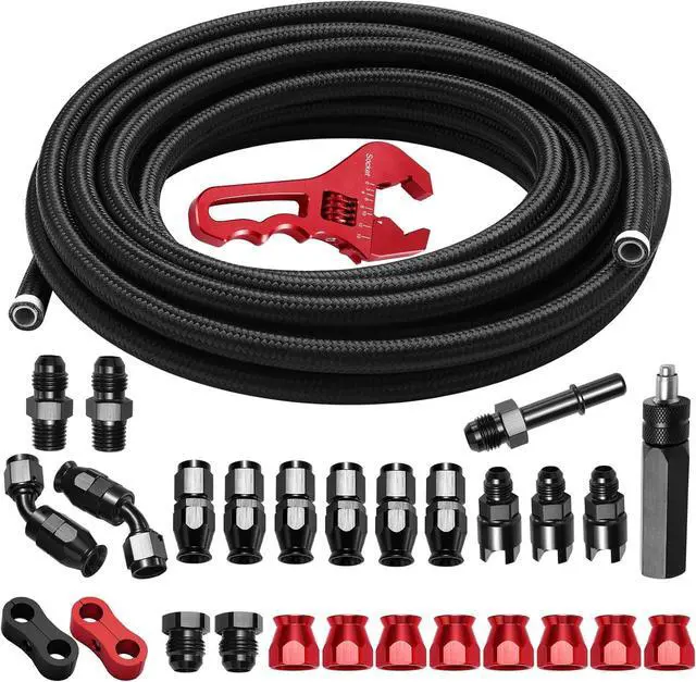 Main image of 6AN 25FT PTFE Fuel Line Kit, AN6 3/8" LS Swap EFI E85 Nylon Stainless Steel Braided Fuel Hose With 26PCS PTFE Fuel Hose End Fitting & AN Fitting Wrench