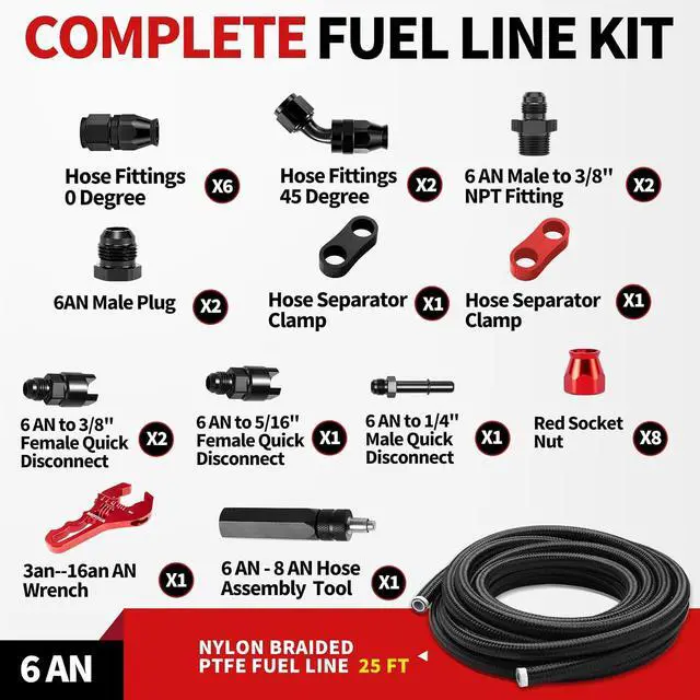 Alt view image 2 of 7 - 6AN 25FT PTFE Fuel Line Kit, AN6 3/8" LS Swap EFI E85 Nylon Stainless Steel Braided Fuel Hose With 26PCS PTFE Fuel Hose End Fitting & AN Fitting Wrench