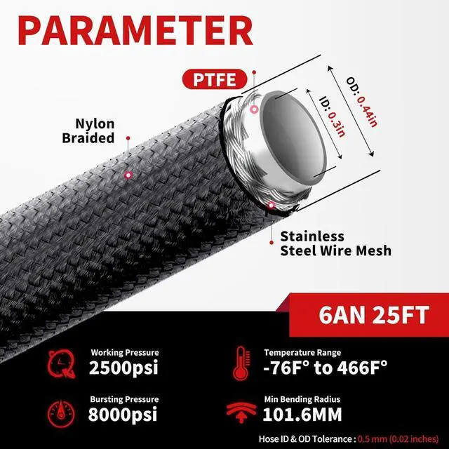 Alt view image 7 of 7 - 6AN 25FT PTFE Fuel Line Kit, AN6 3/8" LS Swap EFI E85 Nylon Stainless Steel Braided Fuel Hose With 26PCS PTFE Fuel Hose End Fitting & AN Fitting Wrench