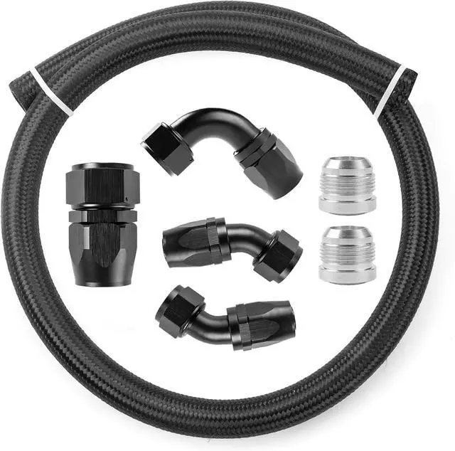 Main image of 16AN Fuel Line Kit, AN16 Nylon Braided CPE Rubber Hose Oil Cooling Line, 5 Feet Hose With AN16 0 Deg,45 Deg,90Deg Fittings