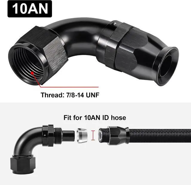 Alt view image 2 of 6 - 10AN 90 Degree PTFE One Piece Full Flow End Hose Fitting Aluminum Black 2PCS