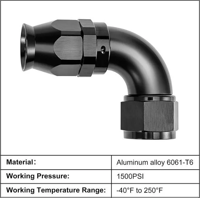 Alt view image 4 of 6 - 10AN 90 Degree PTFE One Piece Full Flow End Hose Fitting Aluminum Black 2PCS
