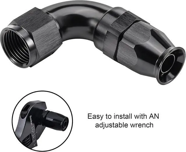Alt view image 6 of 6 - 10AN 90 Degree PTFE One Piece Full Flow End Hose Fitting Aluminum Black 2PCS