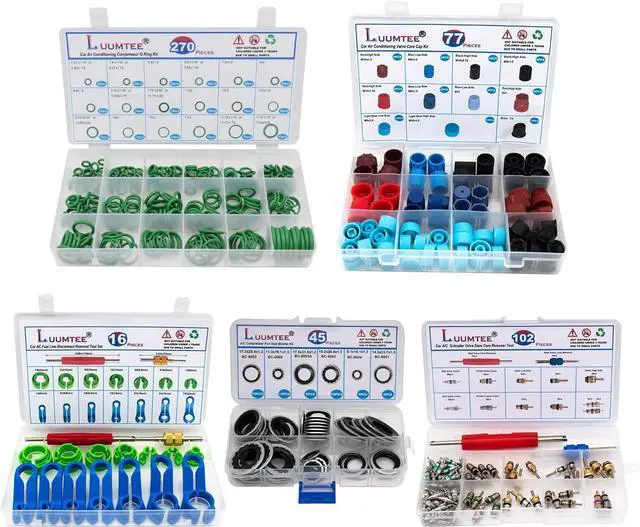Main image of 5 Set Car A/C Repair Kits,270pcs O-Ring Seals Kit+102PCS A/C Valve Core Kit+77pcs Charging Port Dust Caps+16pcs AC Fuel Line Disconnect Tool Set+45pcs Compressor Gasket Seals(510PCS)
