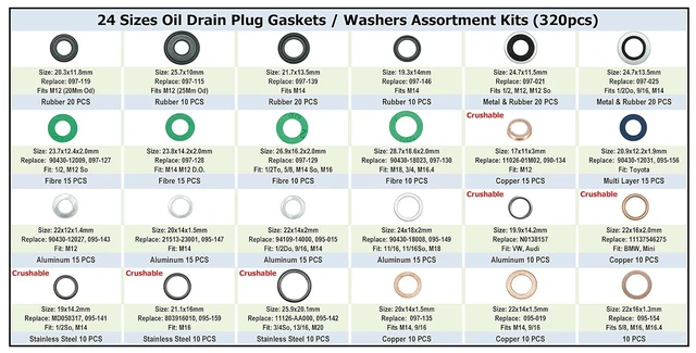 Alt view image 2 of 6 - 320PCS 24 Sizes Master Oil Drain Plug Gasket Washer Assortment Kit, Replaces 11026-01M02, 097-119, 097-139, 097-021, 097-025, 803916010, MD050317, APC93000