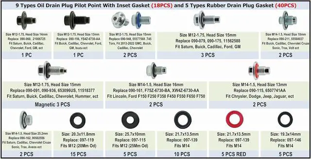 Alt view image 2 of 6 - 9 Types Oil Drain Plug (18PCS) and 5 Types Rubber Gaskets (40PCS) Master Assortment Kits fit GMC, Buick, Cadillac, Chevrolet, Ford, Replace 090-115, 653116US, 090-091, 653096US, 55577568