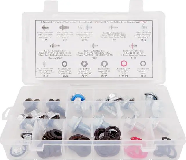 Alt view image 3 of 6 - 9 Types Oil Drain Plug (18PCS) and 5 Types Rubber Gaskets (40PCS) Master Assortment Kits fit GMC, Buick, Cadillac, Chevrolet, Ford, Replace 090-115, 653116US, 090-091, 653096US, 55577568
