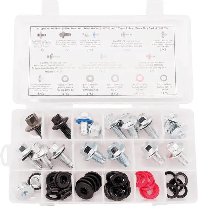 Alt view image 6 of 6 - 9 Types Oil Drain Plug (18PCS) and 5 Types Rubber Gaskets (40PCS) Master Assortment Kits fit GMC, Buick, Cadillac, Chevrolet, Ford, Replace 090-115, 653116US, 090-091, 653096US, 55577568