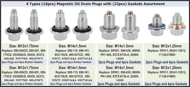 Alt view image 3 of 6 - 4PCS M12x1.75MM, 4PCS M14x1.5MM, 4PCS M14x1.5MM, 4PCS M12x1.25MM, Magnetic Engine Oil Drain Plug Assortment, fit for Select Models, with 32PCS Gaskets