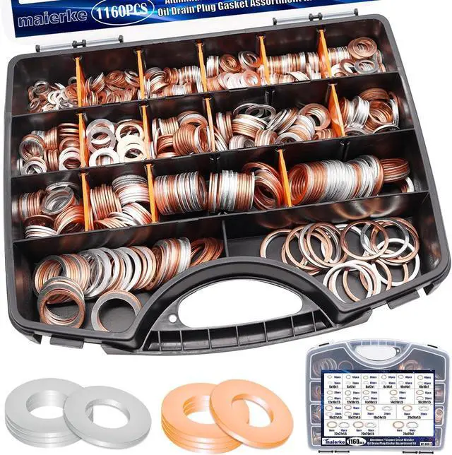 Main image of 1160PCS Crush Washer Oil Drain Plug,18 Sizes Copper and Aluminum Oil Drain Plug Gasket Assortment,Automotive Engine Crush Washers (M6 M8 M10 M12 M14 M16 M18 M20 M22 M24)