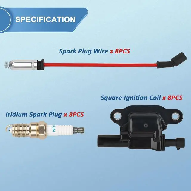 Alt view image 3 of 7 - 8Pcs UF413 Square Ignition Coils with 8mm Spark Plug Wires Set & Iridium Spark Plugs Compatible with Chevy Silverado Suburban Tahoe, GMC Sierra Yukon, Cadillac, Buick 4.8L 5.3L 6.0L 6.2L