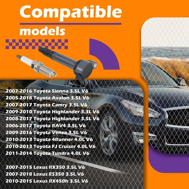 Alt view image 5 of 7 - UF487 Ignition Coils & Spark Plugs for 2007-2017 Toyota Camry, 2008-2017 Highlander, 2007-2016 Sienna, 2006-2012 RAV4, 2007-2018 Lexus ES350 3.5L, Replaces 90919-02255 673-1309 (6 PCS)