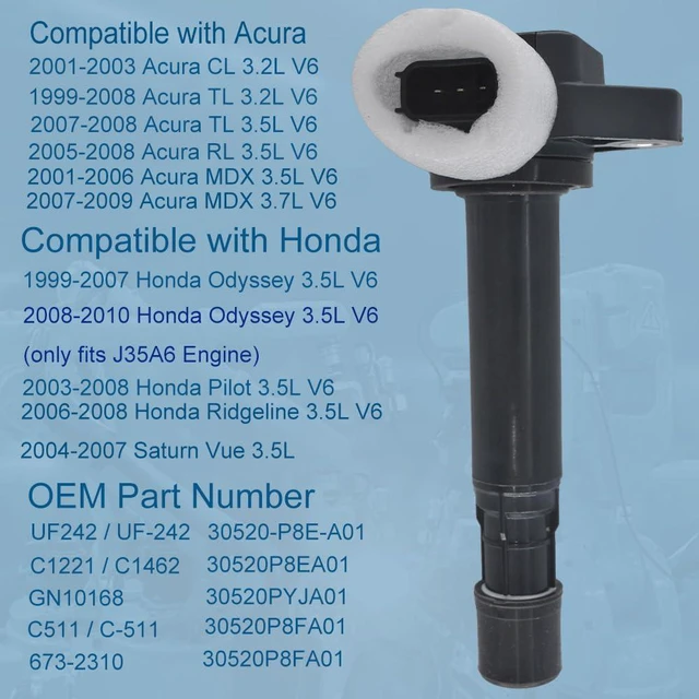 Alt view image 2 of 6 - Ignition Coil Pack & Iridium Spark Plugs Set of 6 UF242 C1221 30520P8EA01, Compatible with Honda Accord Odyssey Pilot Acura CL RL TL MDX Ridgeline Vue 3.0L 3.2L 3.5L V6