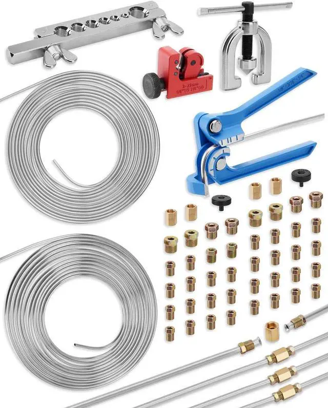 Main image of 25 ft 3/16in &1/4in Zinc-Plated Brake Line Flaring Tool Kit, Includes 3-in-1 Tube Bender, Double & Single Flaring Tool Set, 1 Tube Cutter, 4 Threads Unions, 40 Fittings