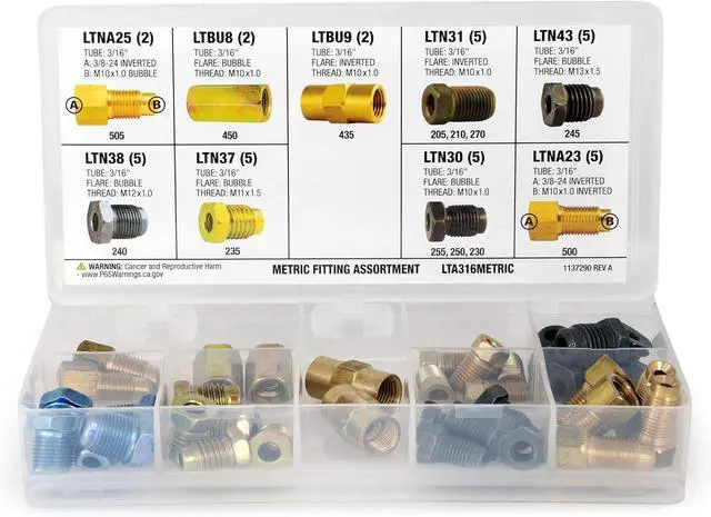 Alt view image 3 of 4 - - 3/16" Metric Fitting Assortment Kit, Tube Nut, Union, Adapter, 9 Popular SKUs, 36 Pieces, 25 Tube Nuts, 4 Unions, 7 Adapters, Shatter Resistant Tackle Box, Brake Line Repair