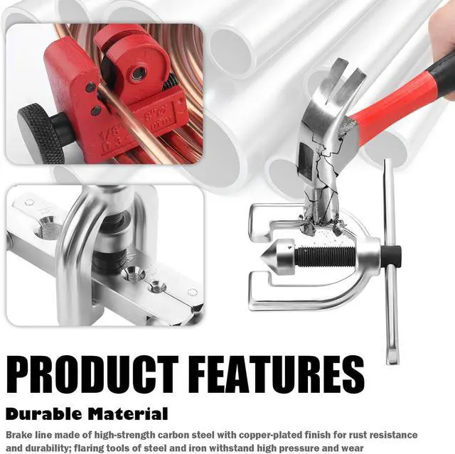 Alt view image 4 of 7 - 25Ft 1/4" and 3/16" Brake Line Kit,Single & Double Brake Line Flaring Tool Kit with 32 Inverted Fittings and Brakes Flare Tool Kits,Copper Plated Brakes Lines Repair Kits